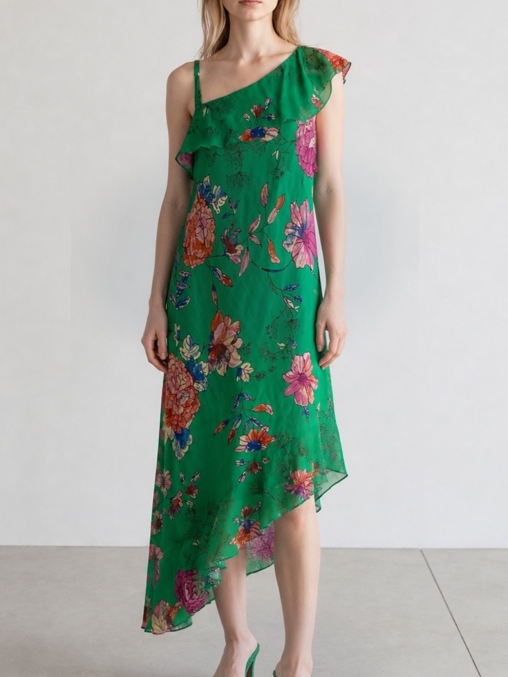 Lafayette 148 New York Green Floral Asymmetrical Dress